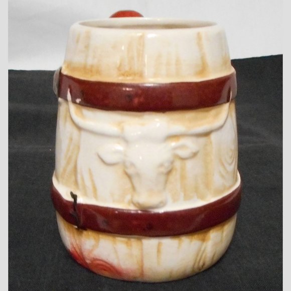Vintage Made in Japan MIJ Ceramic Coffee Barrel Mug Longhorn Steer Ranch Hand - Picture 2 of 7